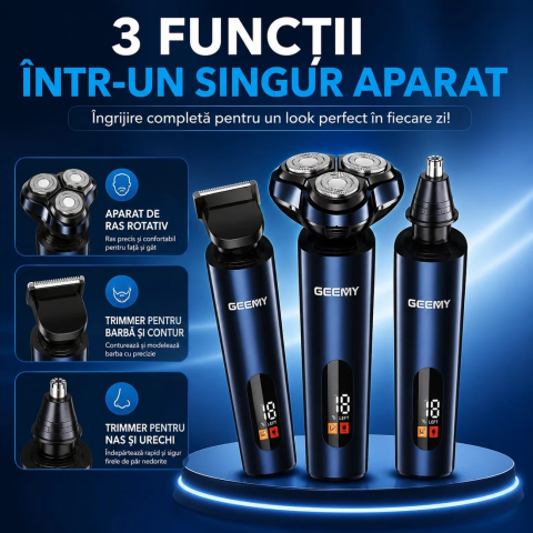 Aparat de Ras și Tuns GEEMY GM-8105, Set 3 în 1, Shaver Rotativ, Trimmer Barbă, Nas și Urechi, Display LED, Reîncărcabil USB [2]