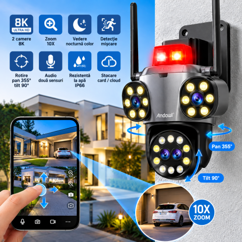 Camera de Supraveghere WiFi Andowl G300, 8K, 3 Lentile, Zoom 10X, Vedere Nocturna, Control din Telefon, Exterior [1]