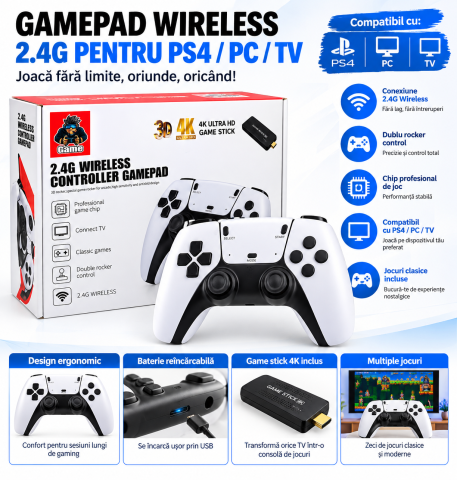 Consola Retro Game Stick 4K Ultra HD, 2 Controllere Wireless 2.4G, Jocuri Clasice, Conectare HDMI la TV, Plug & Play [2]
