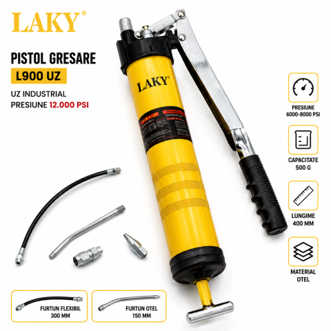 Truse, Scule de mana si unelte - Pistol de Gresare Profesional LAKY L900 UZ, 500g, Presiune 12.000 PSI, Furtun Flexibil și Furtun Metalic Incluse