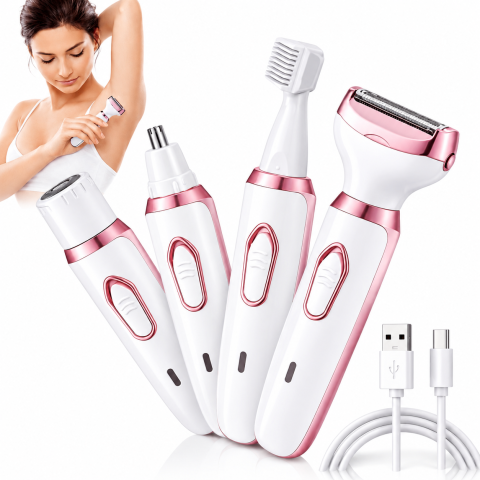 Îngrijire personală & Cosmetice - Aparat de Îngrijire Personală pentru Femei 4 în 1, Reîncărcabil USB-C, Epilator și Trimmer Multifuncțional pentru Corp, Față, Nas și Zone Sensibile, Alb/Roz