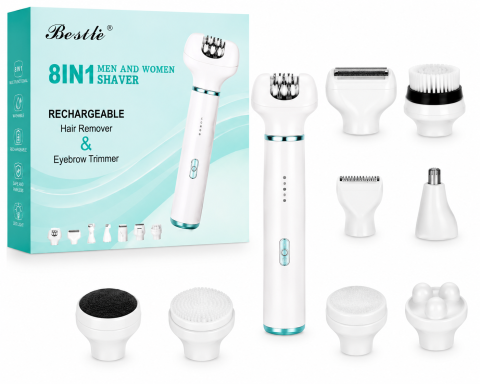 Îngrijire personală & Cosmetice - Aparat Multifuncțional de Îngrijire Personală 8 în 1, Epilator, Aparat de Ras și Trimmer, 8 Capete Interschimbabile, Reîncărcabil, pentru Femei și Bărbați, Alb/Turcoaz
