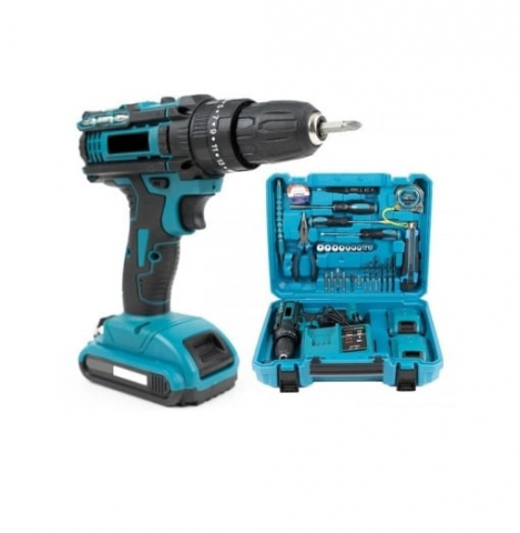 Truse, Scule de mana si unelte - Bormasina electrica portabila 36V, cu percutie, 2 acumulatori, trusa si 30 accesorii, albastru