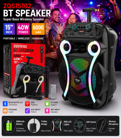 Boxă Portabilă Bluetooth Sing-e ZQS15102, 40 cm, 40W, RGB, Microfon Wireless, Telecomandă, Trolley, FM/USB/TF [5]