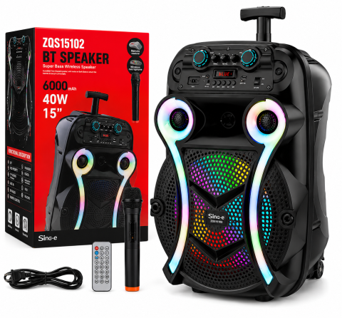 TV, Audio-Video & Foto - Boxă Portabilă Bluetooth Sing-e ZQS15102, 40 cm, 40W, RGB, Microfon Wireless, Telecomandă, Trolley, FM/USB/TF