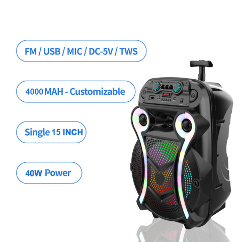 Boxă Portabilă Bluetooth Sing-e ZQS15102, 40 cm, 40W, RGB, Microfon Wireless, Telecomandă, Trolley, FM/USB/TF [3]