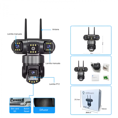 Cameră de Supraveghere WiFi Andowl Q-S3000, 8K, 3 Lentile, Rotire 350°/90°, Detectare Mișcare și Persoane, Night Vision, Card TF 128GB [1]