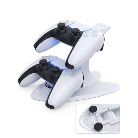 Stație de încărcare dublă pentru controllere PS5 DualSense, 2 porturi, USB Type-C, iluminare LED, suport vertical, alb [0]