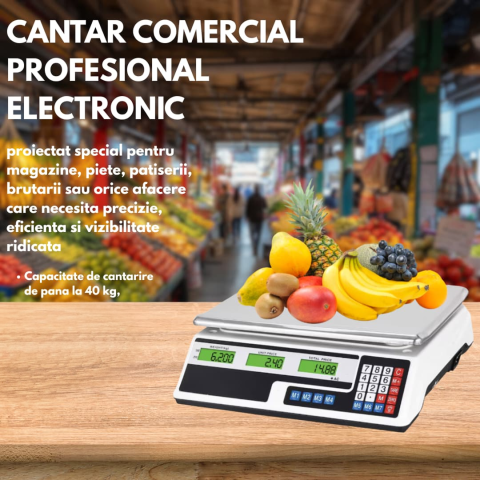 Cantar Comercial Electronic Profesional 40 kg, Acumulator 4V, Afisaj LCD Dublu Iluminat, Calcul Pret, Functie Memorie, Tava din Inox [3]