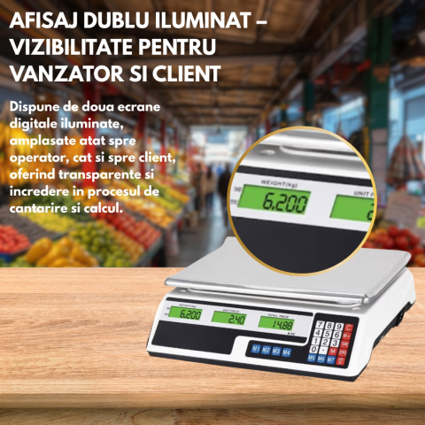Cantar Comercial Electronic Profesional 40 kg, Acumulator 4V, Afisaj LCD Dublu Iluminat, Calcul Pret, Functie Memorie, Tava din Inox [2]
