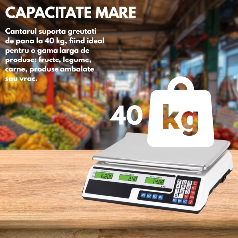 Cantar Comercial Electronic Profesional 40 kg, Acumulator 4V, Afisaj LCD Dublu Iluminat, Calcul Pret, Functie Memorie, Tava din Inox [1]