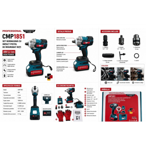 Cheie de Impact CAMPION PROFESSIONAL CMP1851, 2 Acumulatori 48V/10Ah, Motor Brushless, 1850Nm, Mandrină 1/2", Accesorii și Valiză [3]