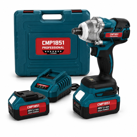 Cheie de Impact CAMPION PROFESSIONAL CMP1851, 2 Acumulatori 48V/10Ah, Motor Brushless, 1850Nm, Mandrină 1/2", Accesorii și Valiză [1]