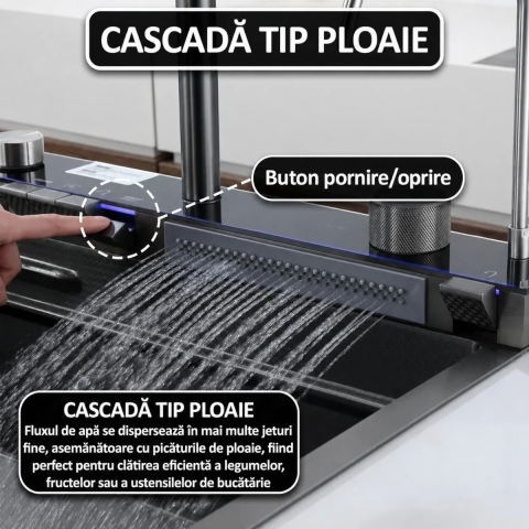 Chiuveta Multifunctionala Premium cu 2 Cascade si Afisaj Digital Temperatura, 75x46 cm, Inox SUS 304, Hidroenergie, LED, Negru Grafit, Accesorii Incluse [3]
