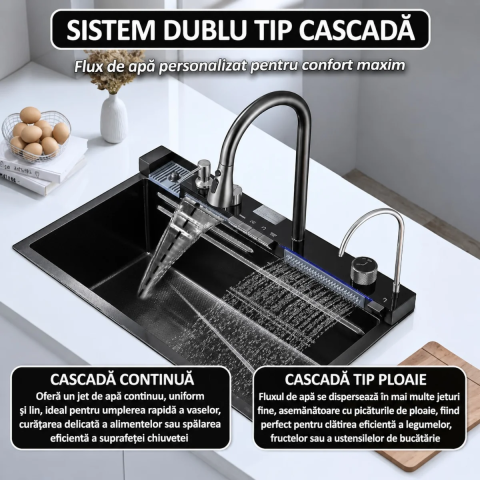 Chiuveta Multifunctionala Premium cu 2 Cascade si Afisaj Digital Temperatura, 75x46 cm, Inox SUS 304, Hidroenergie, LED, Negru Grafit, Accesorii Incluse [4]