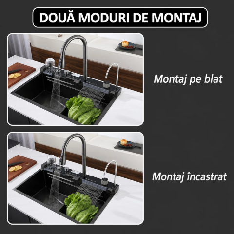 Chiuveta Multifunctionala Premium cu 2 Cascade si Afisaj Digital Temperatura, 75x46 cm, Inox SUS 304, Hidroenergie, LED, Negru Grafit, Accesorii Incluse [7]