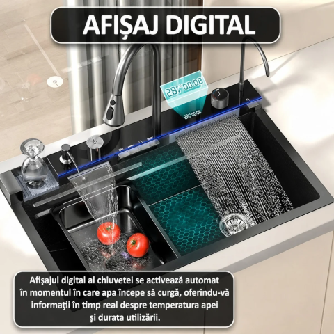 Chiuveta Multifunctionala Premium cu 2 Cascade si Afisaj Digital Temperatura, 75x46 cm, Inox SUS 304, Hidroenergie, LED, Negru Grafit, Accesorii Incluse [5]