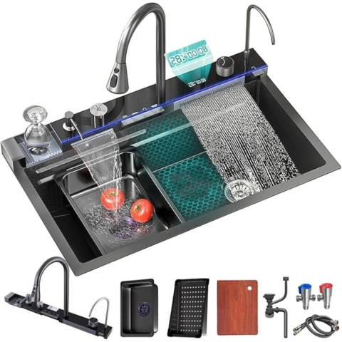 Accesorii bucatarie - Chiuveta Multifunctionala Premium cu 2 Cascade si Afisaj Digital Temperatura, 75x46 cm, Inox SUS 304, Hidroenergie, LED, Negru Grafit, Accesorii Incluse