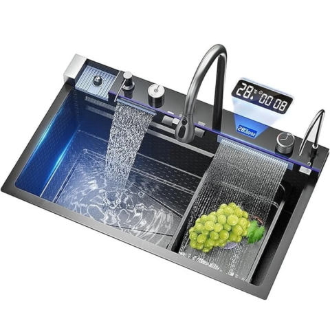 Chiuveta Multifunctionala Premium cu 2 Cascade si Afisaj Digital Temperatura, 75x46 cm, Inox SUS 304, Hidroenergie, LED, Negru Grafit, Accesorii Incluse [6]