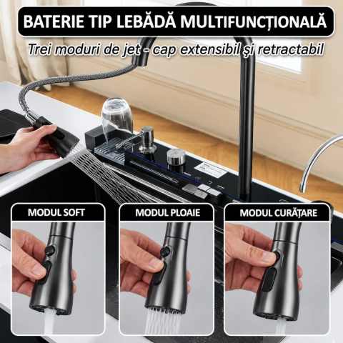 Chiuveta Multifunctionala Premium cu 2 Cascade si Afisaj Digital Temperatura, 75x46 cm, Inox SUS 304, Hidroenergie, LED, Negru Grafit, Accesorii Incluse [10]