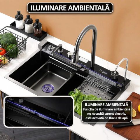 Chiuveta Multifunctionala Premium cu 2 Cascade si Afisaj Digital Temperatura, 75x46 cm, Inox SUS 304, Hidroenergie, LED, Negru Grafit, Accesorii Incluse [8]