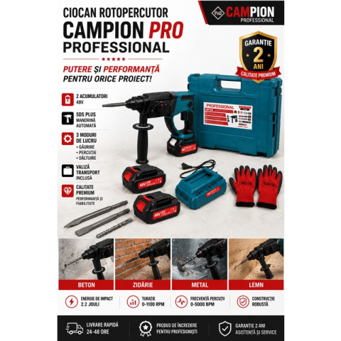 Ciocan Rotopercutor ALTAI CAMPION PRO Brushless, 2 Acumulatori 48V/6Ah, SDS-Plus, 4J, 4 Funcții, Mandrină Automată și Valiză Transport [4]
