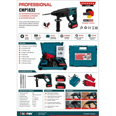 Ciocan Rotopercutor ALTAI CAMPION PRO Brushless, 2 Acumulatori 48V/6Ah, SDS-Plus, 4J, 4 Funcții, Mandrină Automată și Valiză Transport [3]