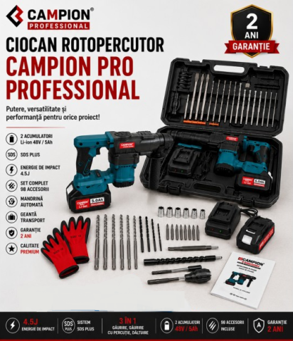 Ciocan Rotopercutor CAMPION PRO Professional, 2 Acumulatori 48V 5Ah, 4,5J, SDS Plus, 3 Funcții, Mandrină Automată și 98 Accesorii [1]