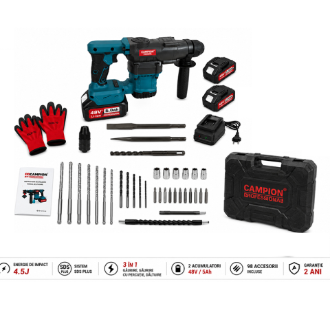 Ciocan Rotopercutor CAMPION PRO Professional, 2 Acumulatori 48V 5Ah, 4,5J, SDS Plus, 3 Funcții, Mandrină Automată și 98 Accesorii [0]
