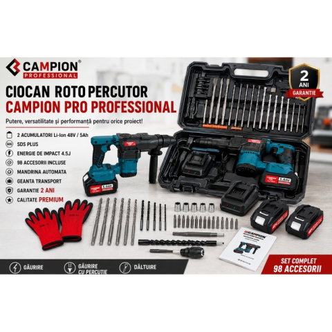 Ciocan Rotopercutor CAMPION PRO Professional, 2 Acumulatori 48V 5Ah, 4,5J, SDS Plus, 3 Funcții, Mandrină Automată și 98 Accesorii [5]