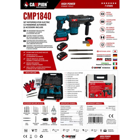 Ciocan Rotopercutor CAMPION PRO Professional, 2 Acumulatori 48V 5Ah, 4,5J, SDS Plus, 3 Funcții, Mandrină Automată și 98 Accesorii [3]