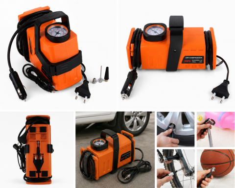 Accesorii auto - Compresor Auto Dual Power 12V / 220V, 200 PSI, 10 Bar, 20L/min, Manometru Integrat, pentru Autoturisme, Motociclete și Biciclete
