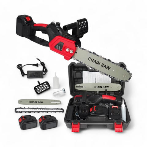 Gradina - Drujba cu acumulator PROFESIONAL 2 lanturi, 2 Lame, 2 baterii 48 V Li-ion, 5 AH, 2400W, sina 30CM, Sistem ungere