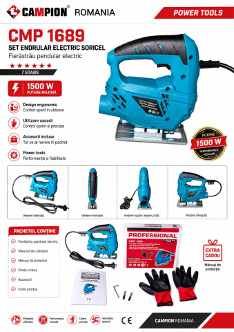 Fierăstrău Pendular CAMPION PROFESSIONAL CMP1689, 1500W, 3000 RPM, Tăiere Lemn și Metal, Mănuși de Protecție Incluse [1]