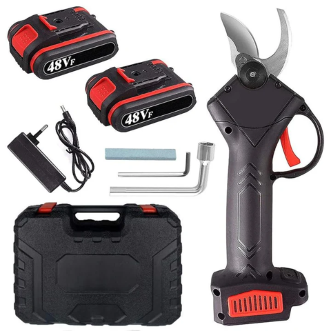 Truse, Scule de mana si unelte - Foarfeca de gradina electrica cu acumulatori pentru vita de vie si crengi, 2x 48 V, lama de taiere ajusabila 30 mm, cutie depozitare si acesorii