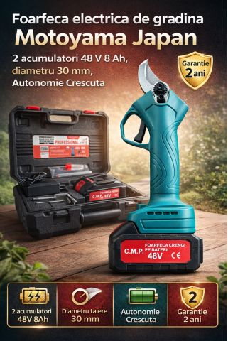Foarfeca electrica de gradina Motoyama Japan, 2 acumulatori 48 V 8 Ah, diametru 30 mm, Autonomie Crescuta - Albastru [1]