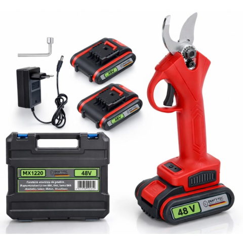 Truse, Scule de mana si unelte - Foarfeca electrica de gradina PROFESIONAL, 2 acumulatori Li-Ion 48V, 5 Ah, lama SK5, diametru taiere 30 mm, Brushless - rosu