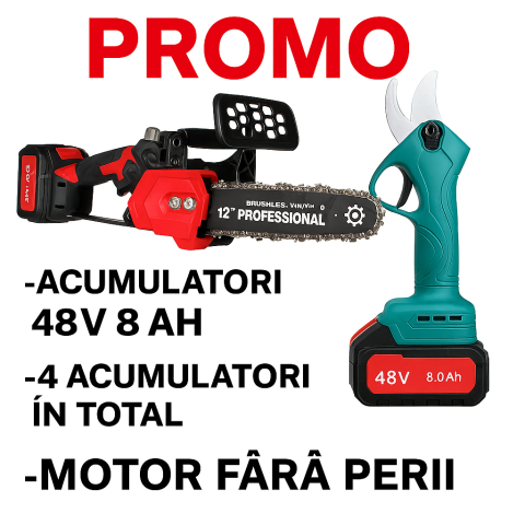 Casă & Grădină - PROMO: Foarfeca electrica Motoyama japan + Drujba electrica cu lama 30CM sistem de ungere, 4 acumulatori, motor fara perii