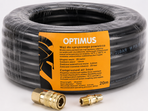 Truse, Scule de mana si unelte - Furtun Aer Comprimat OPTIMUS 20M, 12mm, Presiune 20 Bar, cu Cuple Rapide Incluse