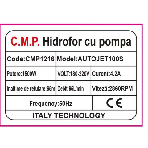 Hidrofor Campion Pro Profesional 24L, 1500W, Autojet 100S, Pompa din Fonta, Bobinaj Cupru, 65 m Refulare, 65L/min [1]