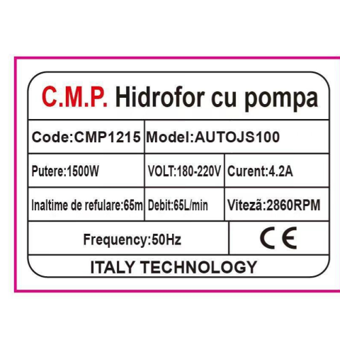 Hidrofor Campion Pro Profesional 24L, 1500W, AutoJS100, Pompa din Fonta, Bobinaj Cupru, 65m Refulare, 65L/min [1]