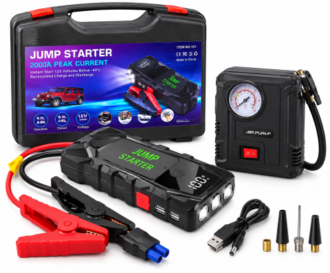 Jump Starter Auto Profesional 2000A 12V cu Compresor Aer, Power Bank, Lanterna LED si Clesti Pornire, Set in Valiza [1]