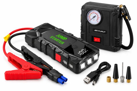 Accesorii auto - Jump Starter Auto Profesional 2000A 12V cu Compresor Aer, Power Bank, Lanterna LED si Clesti Pornire, Set in Valiza