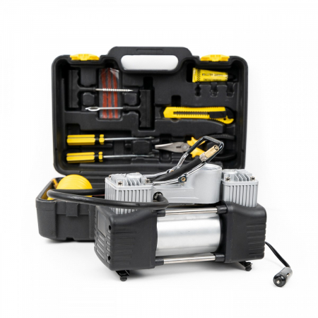 Accesorii auto - Kit pentru pana vulcanizare, compresor 12V, 2 cilindri 150 PSI si 7 accesorii premium