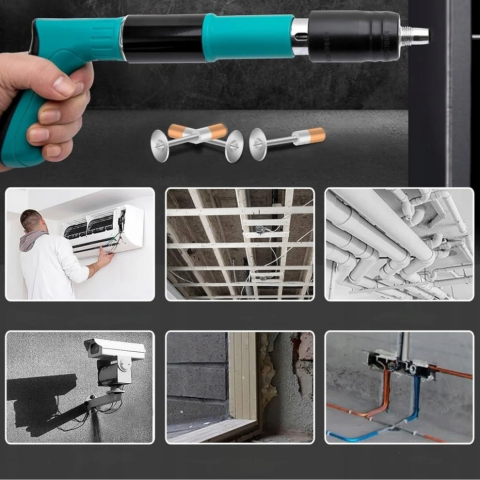 Kit Pistol Pneumatic Pentru Fixare Cuie Si Nituri, Pistol De Cuie Manual, Unealtă Pentru Fixarea Cuielor Și Bolțurilor În Beton, Lemn, Fier, Perete, Tavan, Pardoseală, De 35 cm, Cu 50 Cuie Rotunde Inc [1]