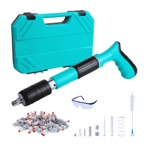 Kit Pistol Pneumatic Pentru Fixare Cuie Si Nituri, Pistol De Cuie Manual, Unealtă Pentru Fixarea Cuielor Și Bolțurilor În Beton, Lemn, Fier, Perete, Tavan, Pardoseală, De 35 cm, Cu 50 Cuie Rotunde Inc [0]