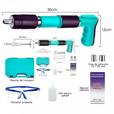 Kit Pistol Pneumatic Pentru Fixare Cuie Si Nituri, Pistol De Cuie Manual, Unealtă Pentru Fixarea Cuielor Și Bolțurilor În Beton, Lemn, Fier, Perete, Tavan, Pardoseală, De 35 cm, Cu 50 Cuie Rotunde Inc [4]