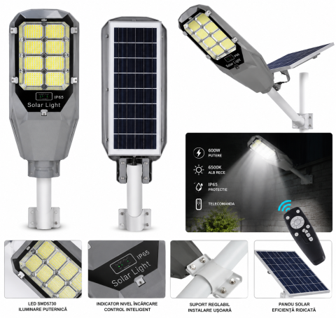 Gradina - Lampa Solara Stradala LED Leihmann 600W, IP65, Telecomanda, Panou Solar, Senzor Lumina, 6500K Alb Rece, Exterior
