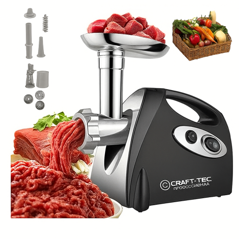 Accesorii bucatarie - Masina de tocat carne Craft-Tec NEGRU 3800W, Accesorii rosii, carnati, chiftele, 3 site, functia revers, motor cupru