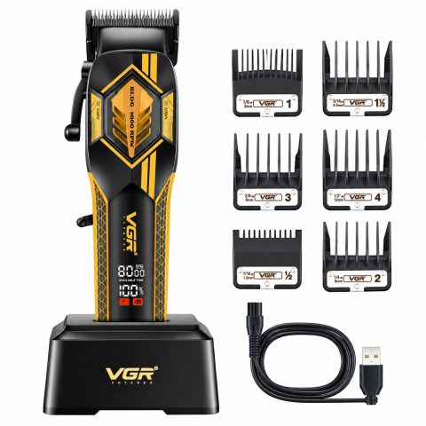 Îngrijire personală & Cosmetice - Mașină de Tuns Profesională VGR V-119, Motor BLDC, Lame Ceramice, Acumulator, Fără Fir, Stație de Încărcare, USB, Auriu